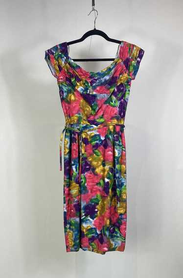 1940s - 1950s Cotton Watercolor Floral Dress