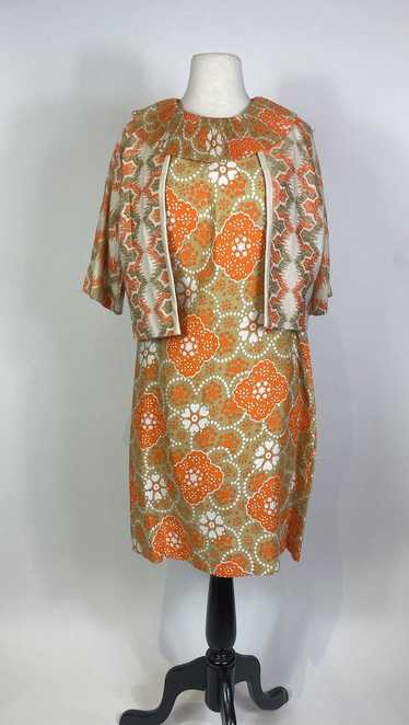 1960s Ruffle Collar Orange and Beige Dress and Jac