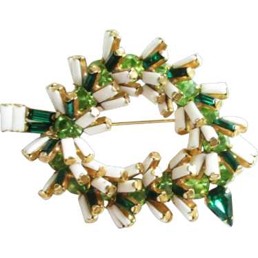 Unsigned Designer Green White Rhinestone Brooch - image 1