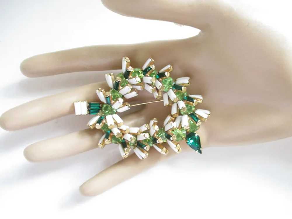 Unsigned Designer Green White Rhinestone Brooch - image 2