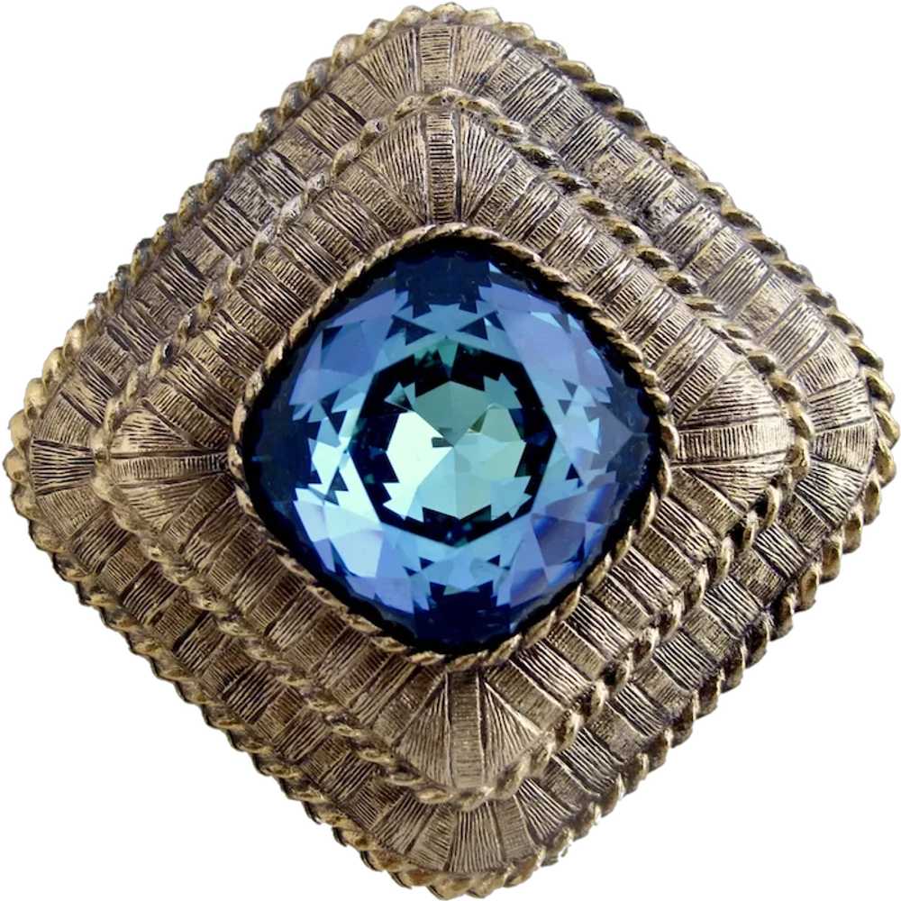 Vintage Kramer Blue Crystal Bronze Tone Brooch / … - image 1