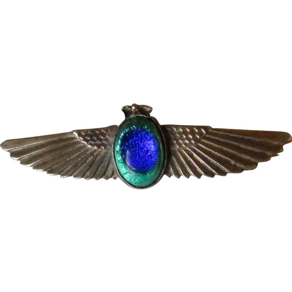 Antique Peacock Glass Scarab Brooch - image 1
