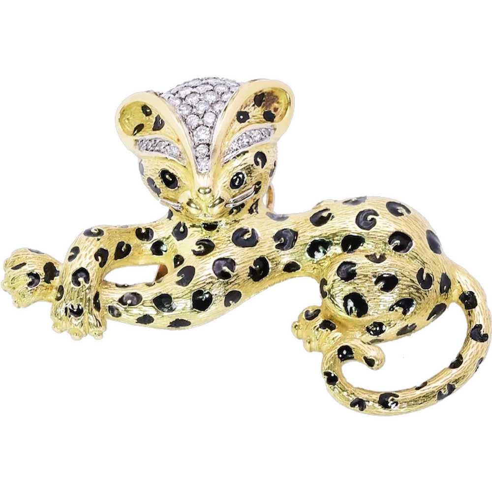 Diamond Enamel 18k Yellow Gold Leopard Brooch Vin… - image 1
