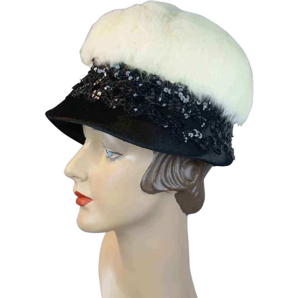 60s White Fur and Sequin Lampshade Style Hat by N… - image 1