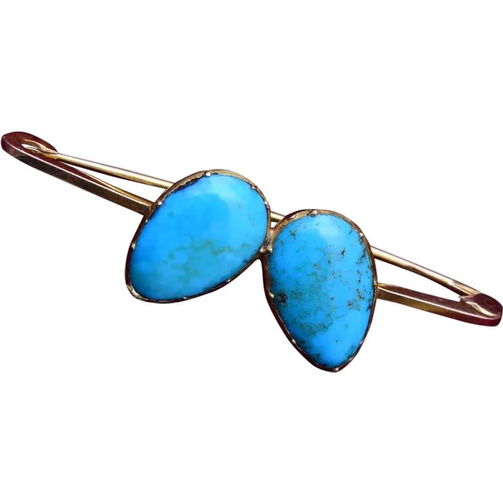 9kt Gold and Turquoise Signed Victorian Brooch - image 1