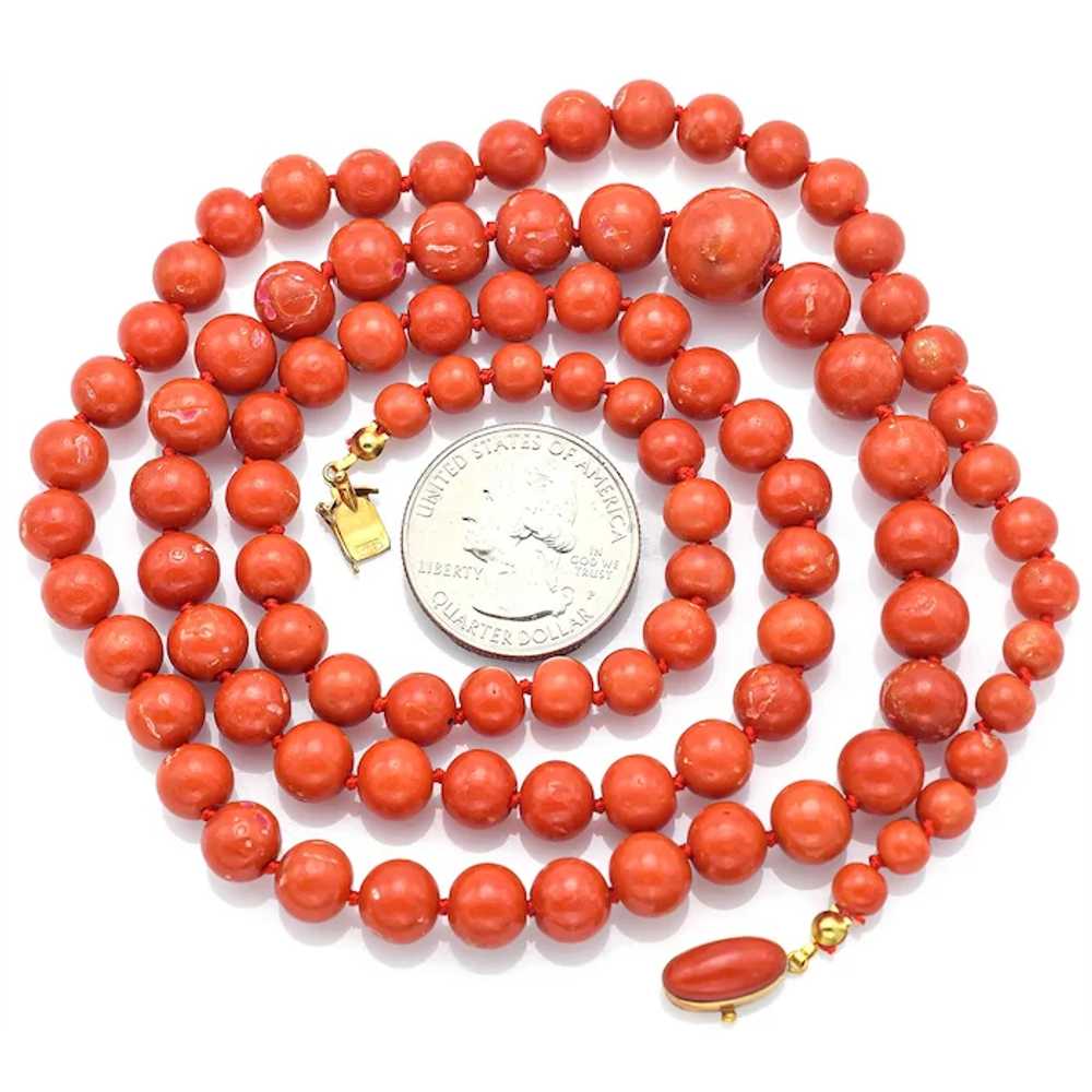 Vintage 18K Yellow Gold Red Coral Long Beaded Str… - image 3