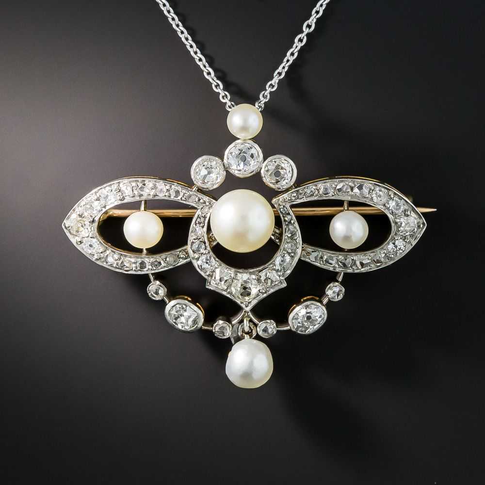 Edwardian Natural Pearl and Diamond Pendant/Brooc… - image 1