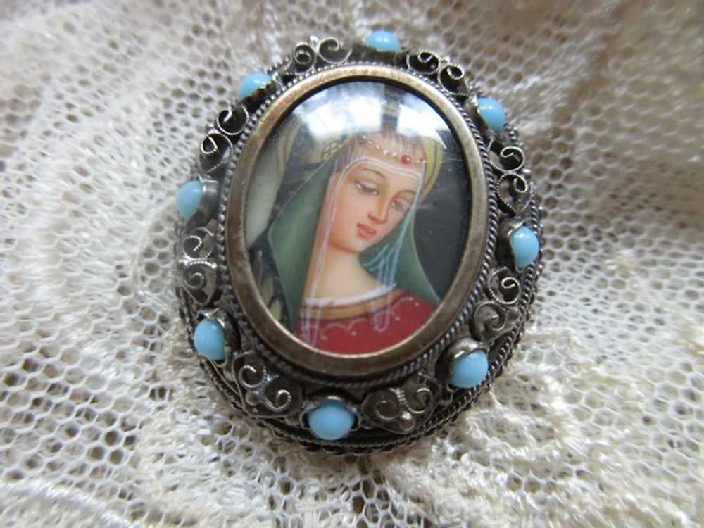 Vintage 800 Silver Blessed Mother Portrait Pin - image 3