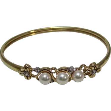 Vintage Estate Cultured Pearl Diamond Bracelet 14K