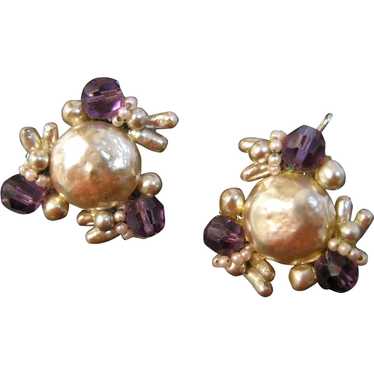 Vintage Wingback Silver Tone Purple Bead Earrings - image 1