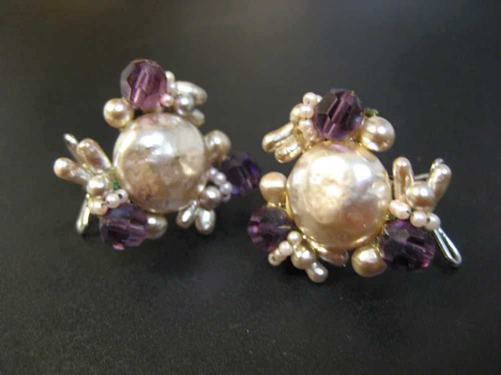 Vintage Wingback Silver Tone Purple Bead Earrings - image 2