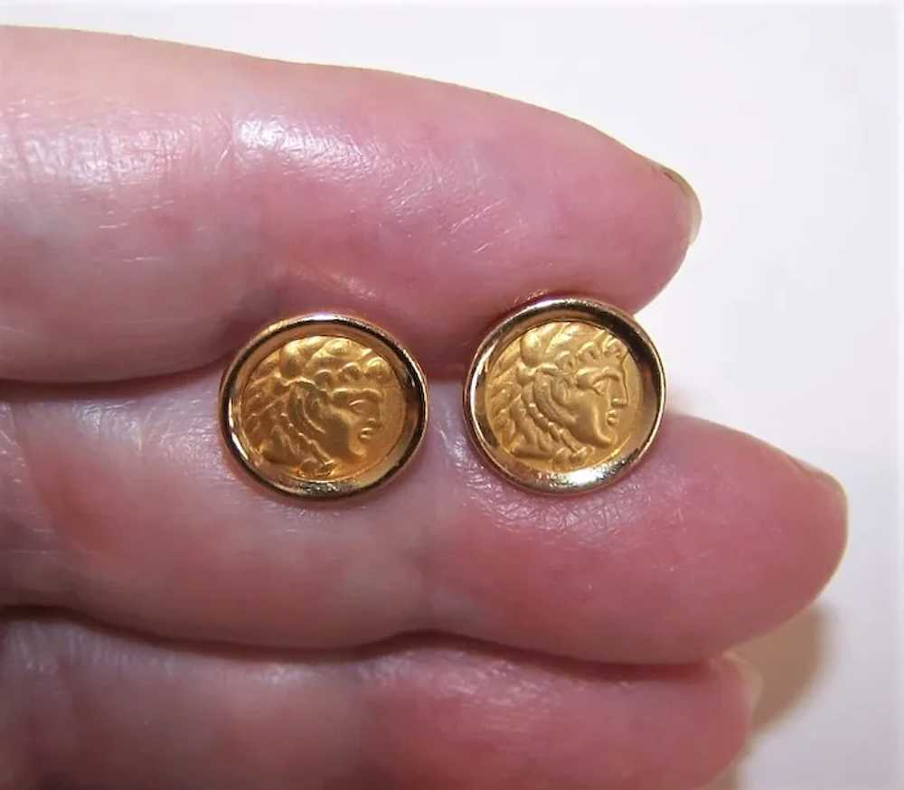 14K Gold Stud Earrings - Mexican Aztec Incan Chie… - image 2