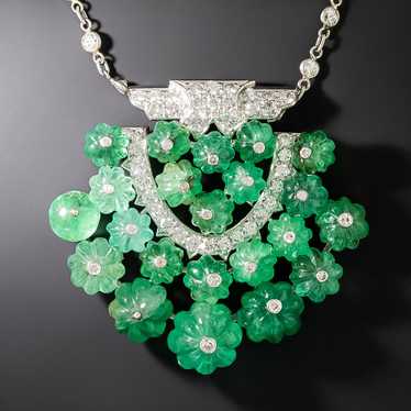 Estate Carved Emerald and Diamond Necklace