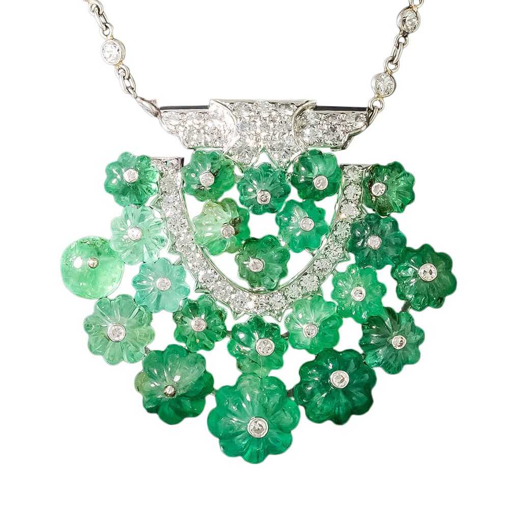 Estate Carved Emerald and Diamond Necklace - image 2
