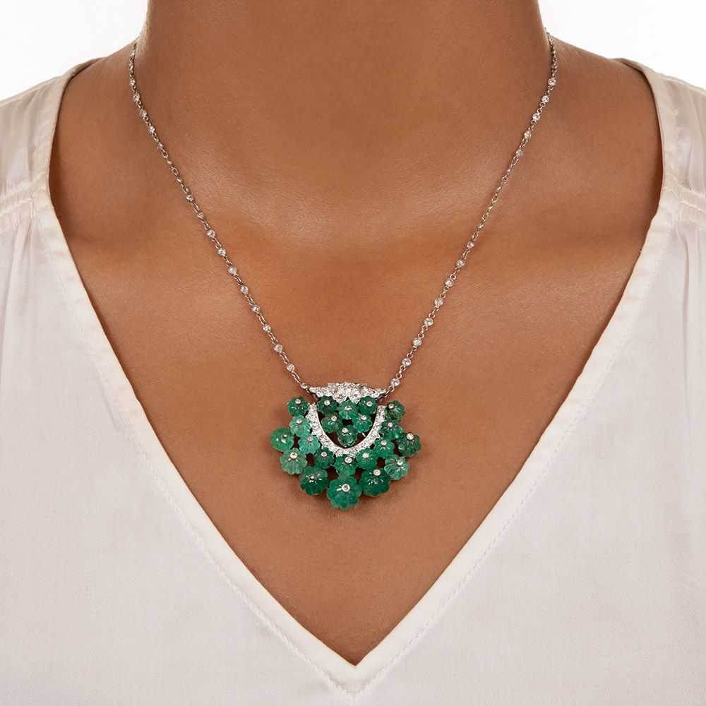 Estate Carved Emerald and Diamond Necklace - image 3