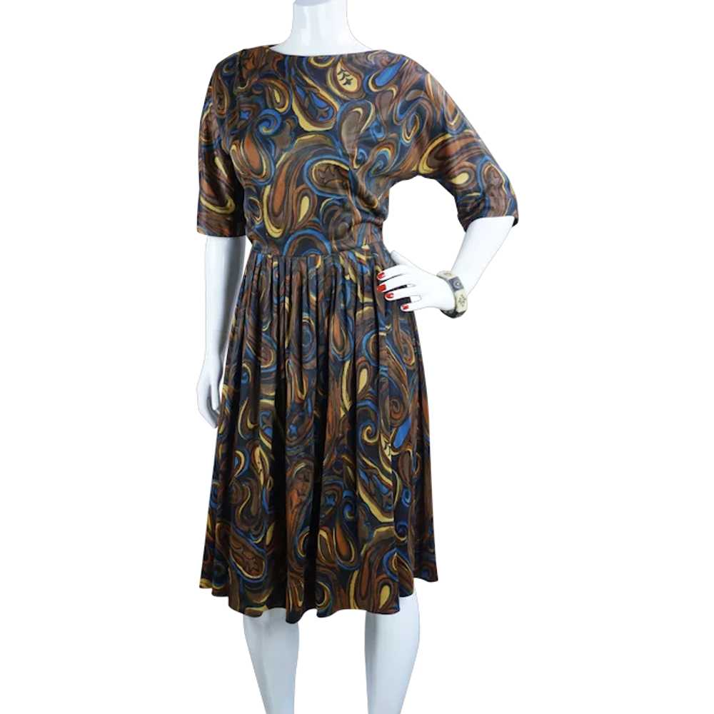 50s Brown Paisley Jersey Knit Full Skirt Dress by… - image 1