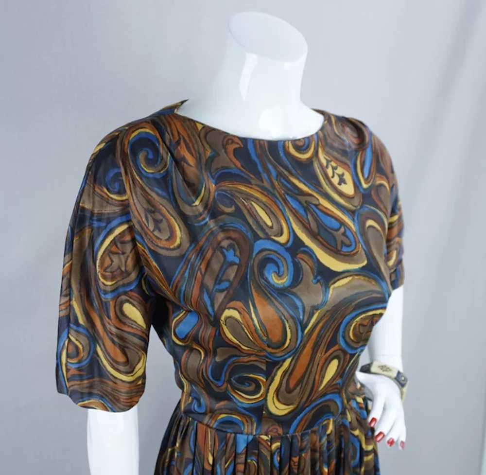 50s Brown Paisley Jersey Knit Full Skirt Dress by… - image 2