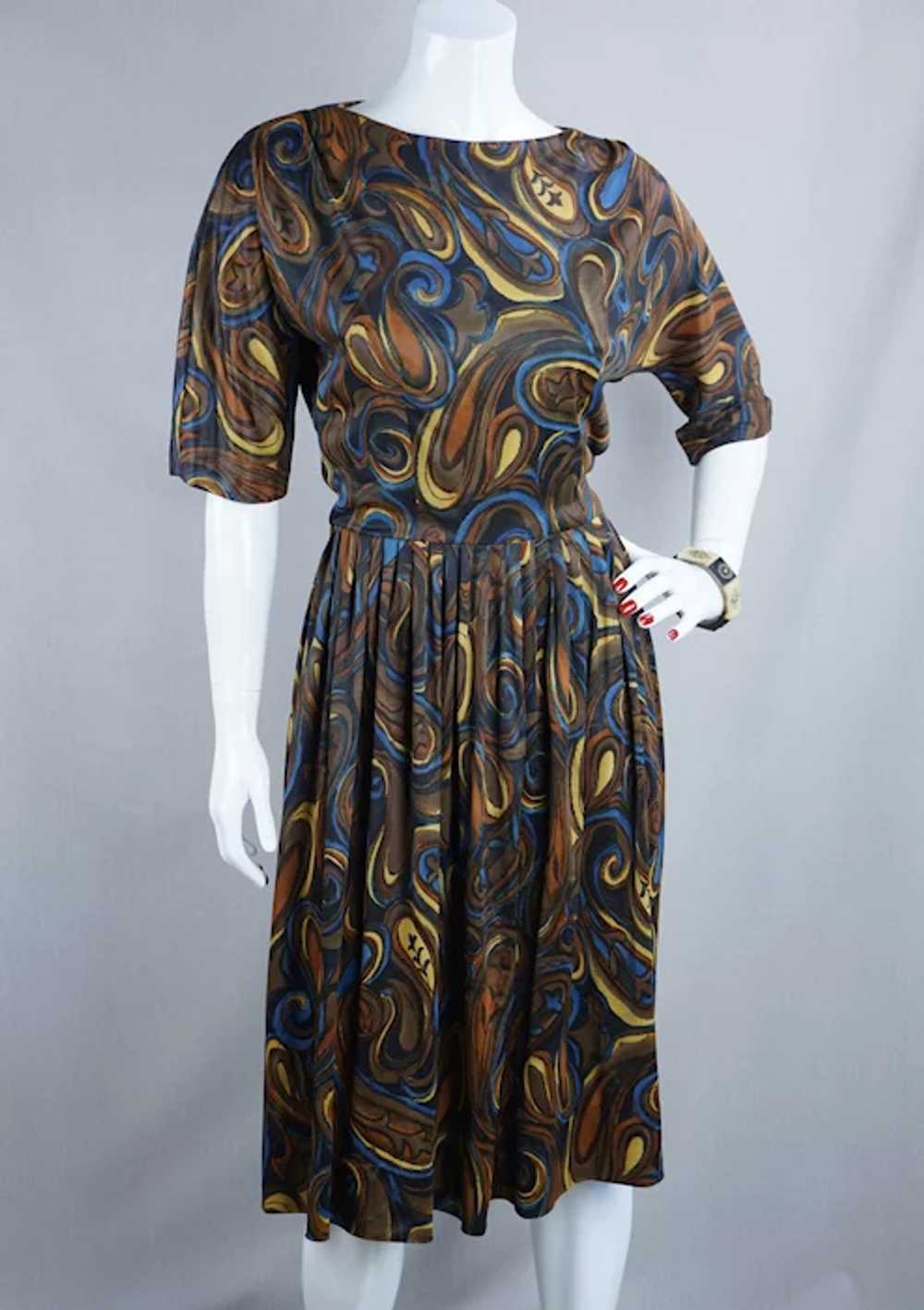 50s Brown Paisley Jersey Knit Full Skirt Dress by… - image 3