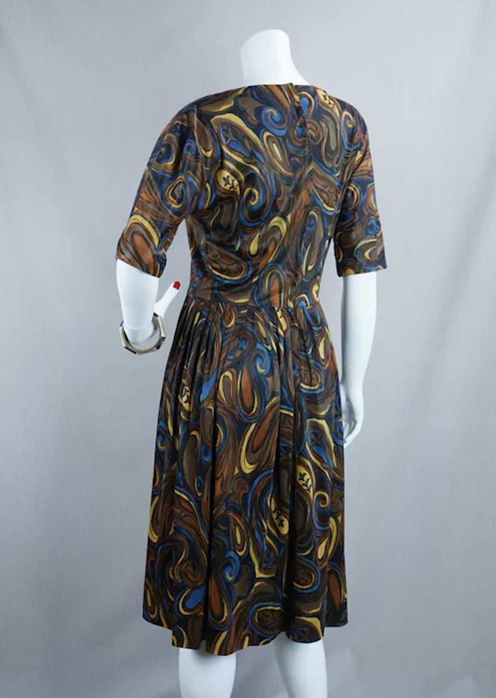 50s Brown Paisley Jersey Knit Full Skirt Dress by… - image 6