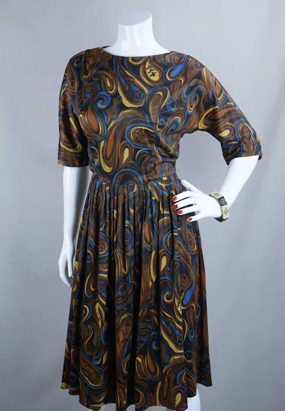 50s Brown Paisley Jersey Knit Full Skirt Dress by… - image 7