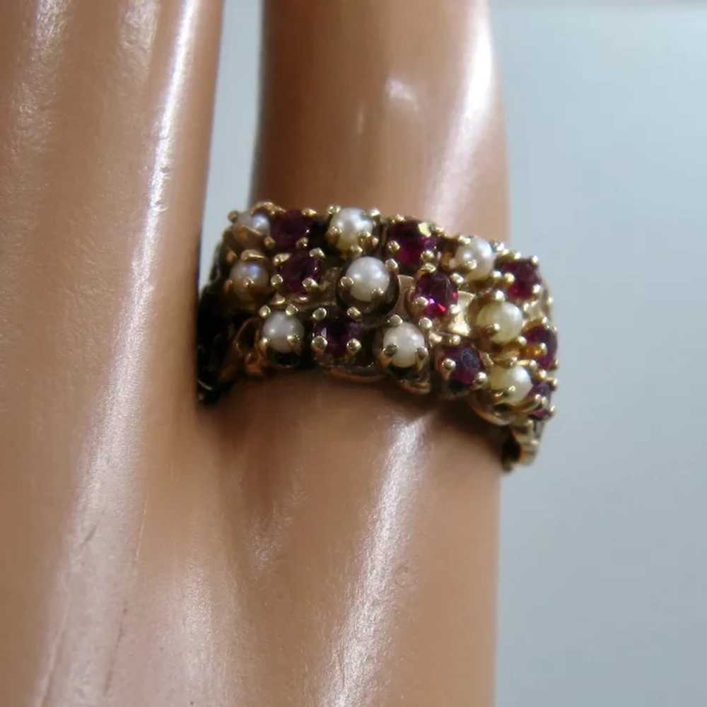 14K Wide Triple Band Rubies Pearls Ring Sz 7 - image 10