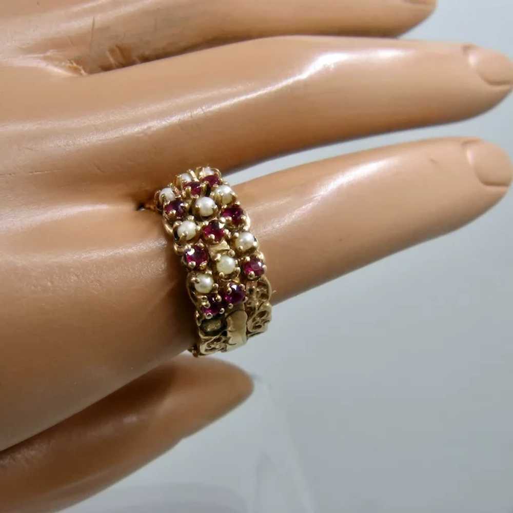 14K Wide Triple Band Rubies Pearls Ring Sz 7 - image 12