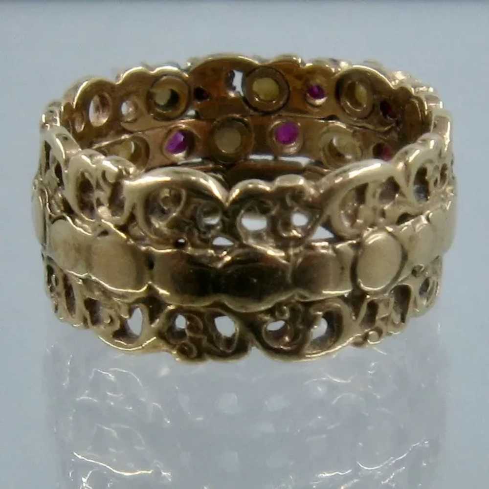 14K Wide Triple Band Rubies Pearls Ring Sz 7 - image 3