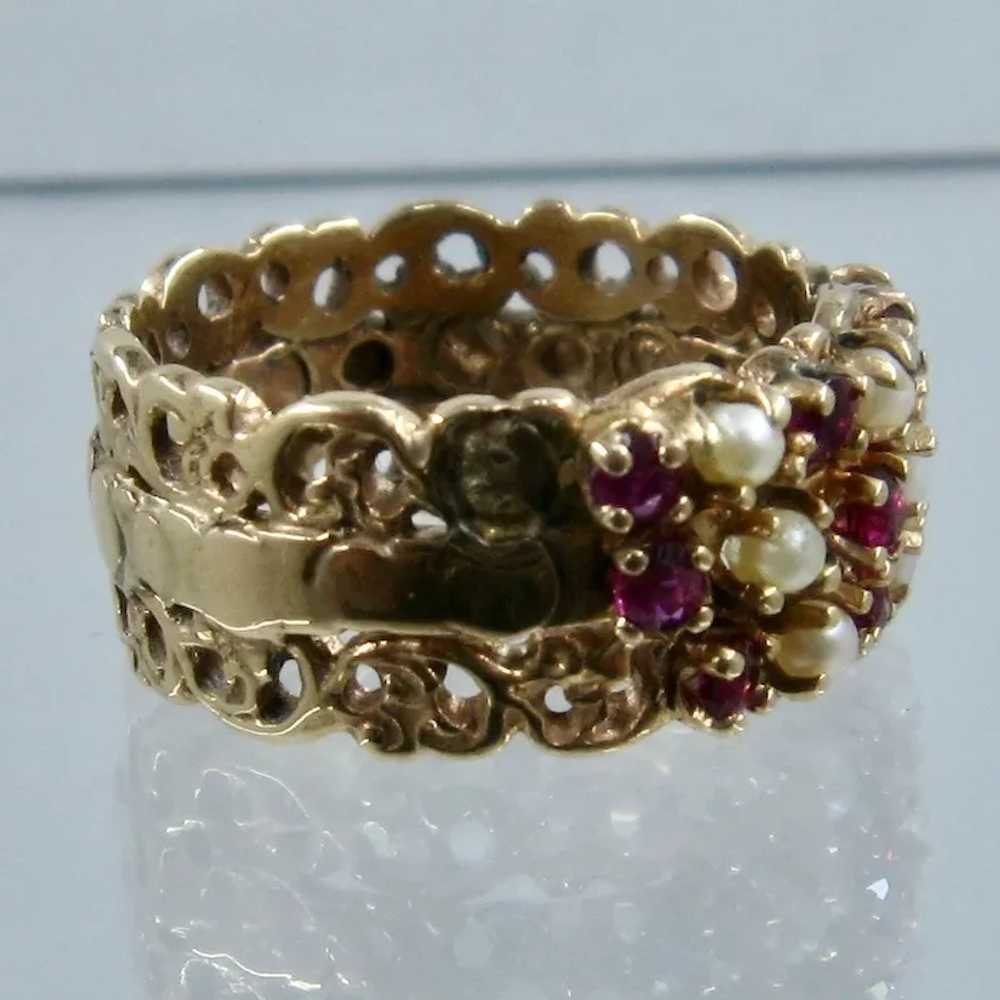 14K Wide Triple Band Rubies Pearls Ring Sz 7 - image 4