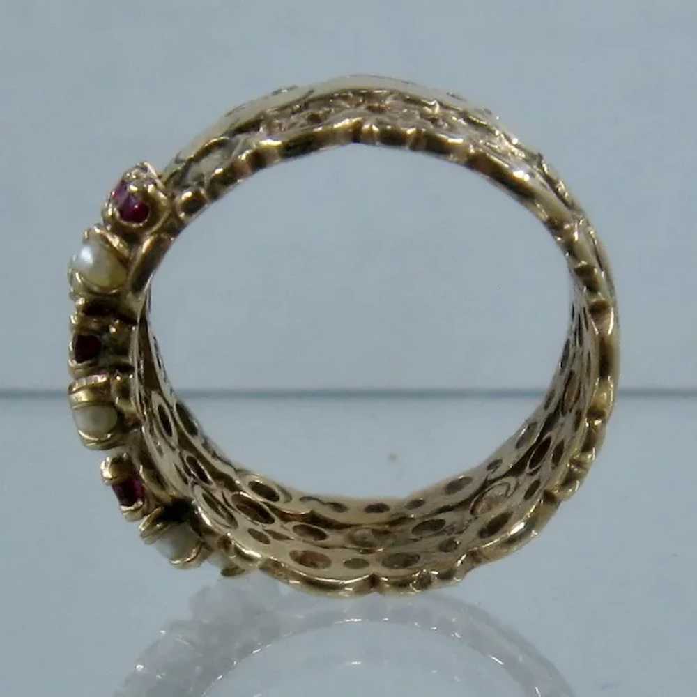 14K Wide Triple Band Rubies Pearls Ring Sz 7 - image 5