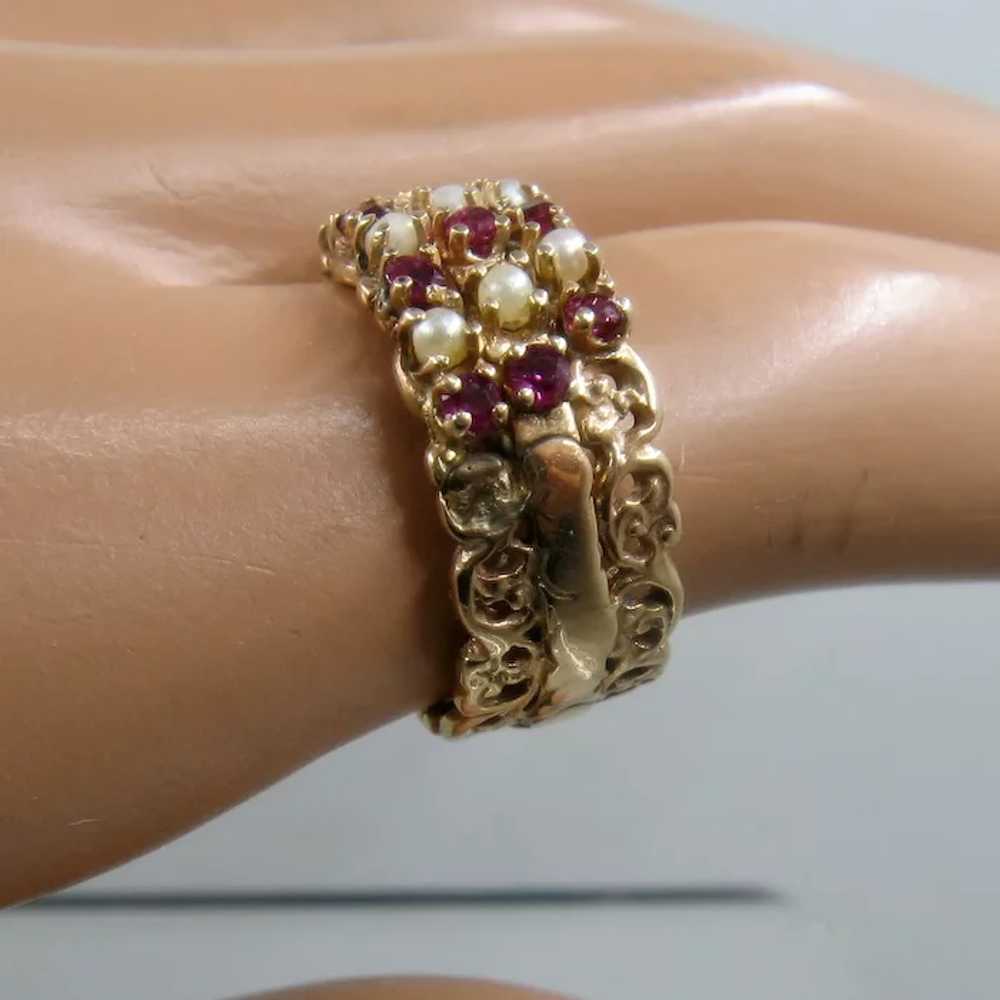 14K Wide Triple Band Rubies Pearls Ring Sz 7 - image 9