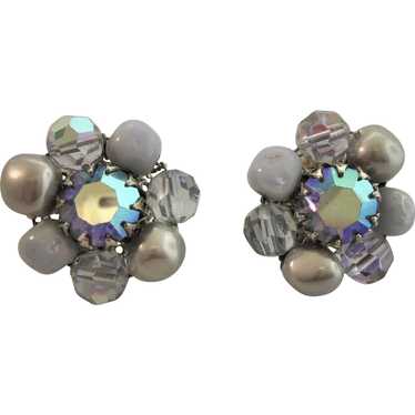 Signed Vendome Blue and Crystal Cluster Clip Back… - image 1