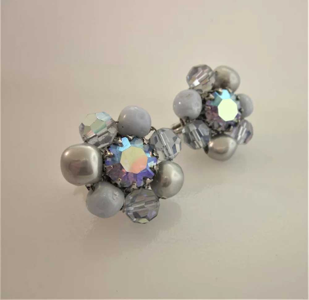 Signed Vendome Blue and Crystal Cluster Clip Back… - image 2