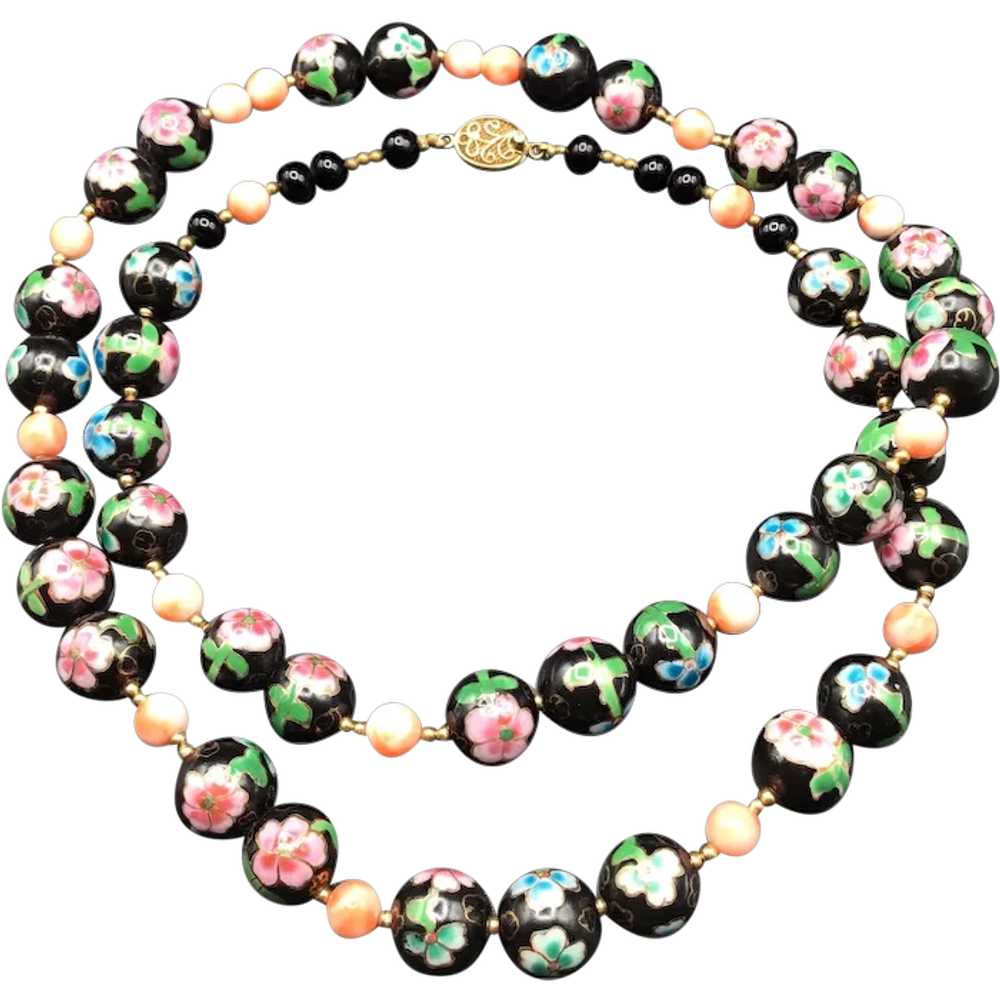 Cloisonne Pink Coral Necklace Chinese Export Ster… - image 1