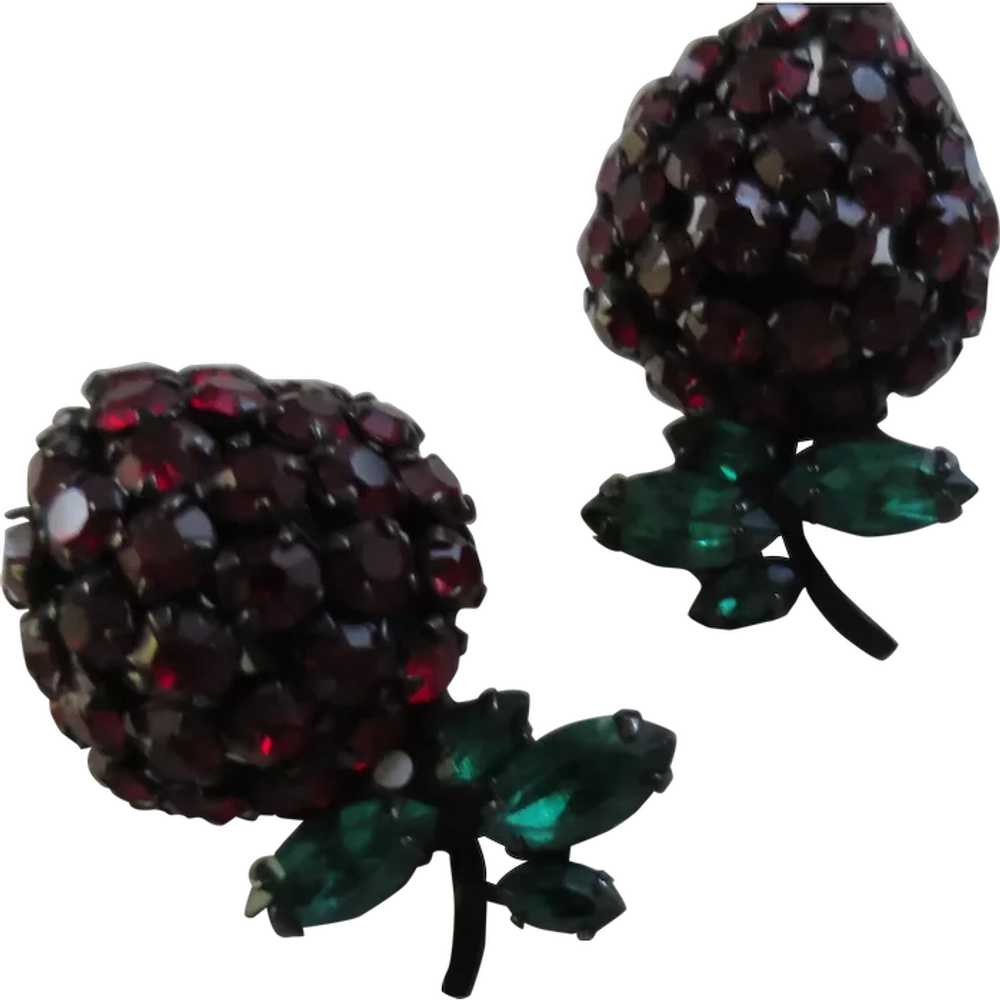 Luscious Deep Red Rhinestone Strawberries and Gre… - image 1