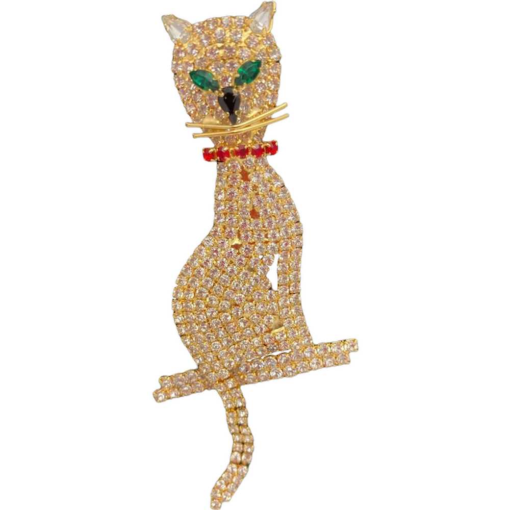 Large Rhinestone Cat Pin With Articulated Tail - image 1