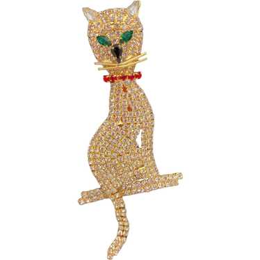 Large Rhinestone Cat Pin With Articulated Tail - image 1