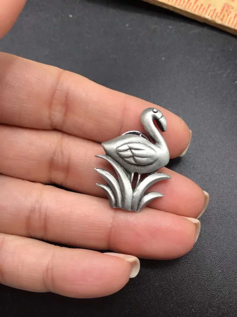 JJ Flamingo Pewter Tack Pin Tropical Bird on Gras… - image 2