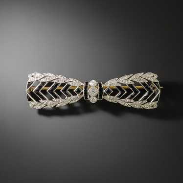 French Belle Époque Onyx and Diamond Bow Brooch - image 1