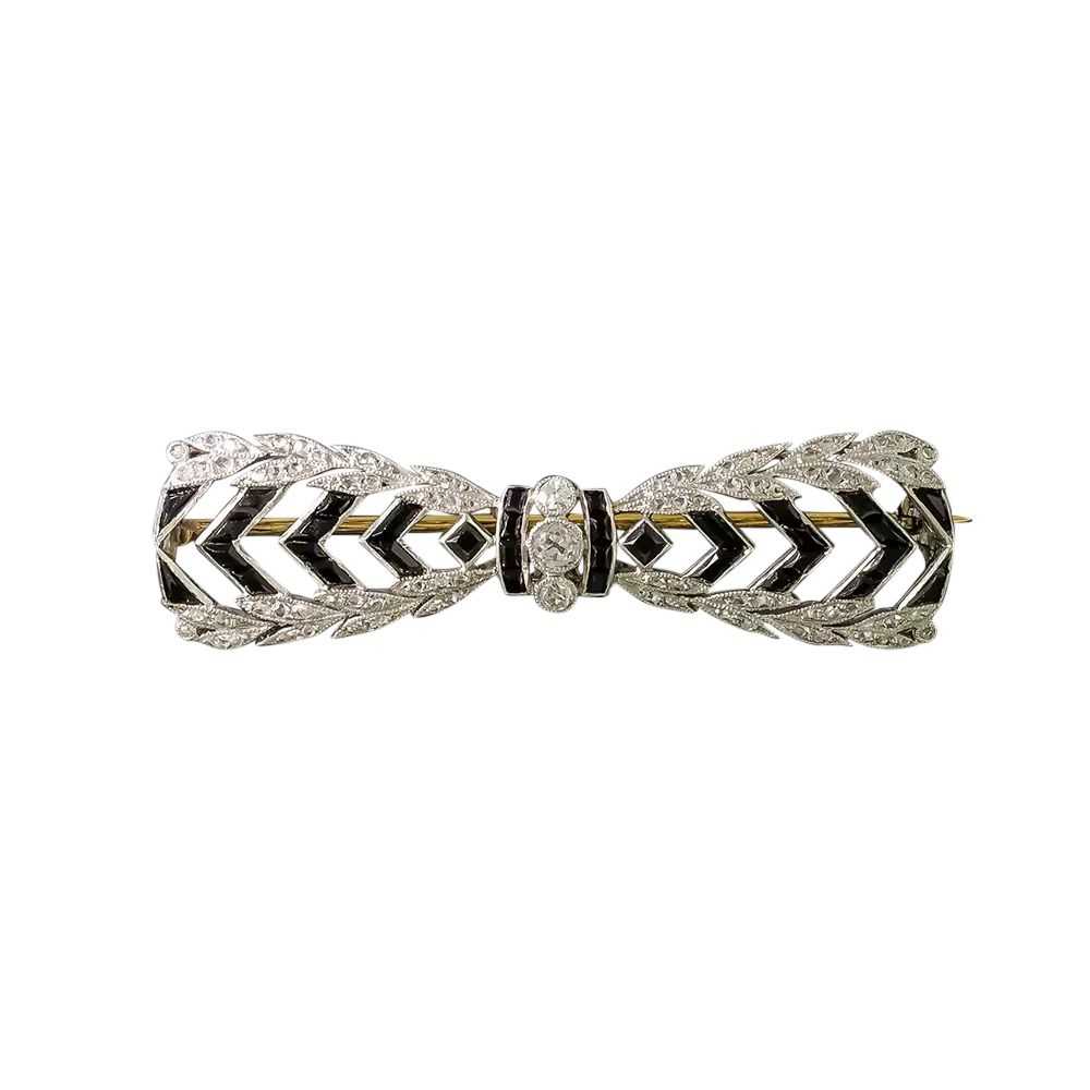 French Belle Époque Onyx and Diamond Bow Brooch - image 3