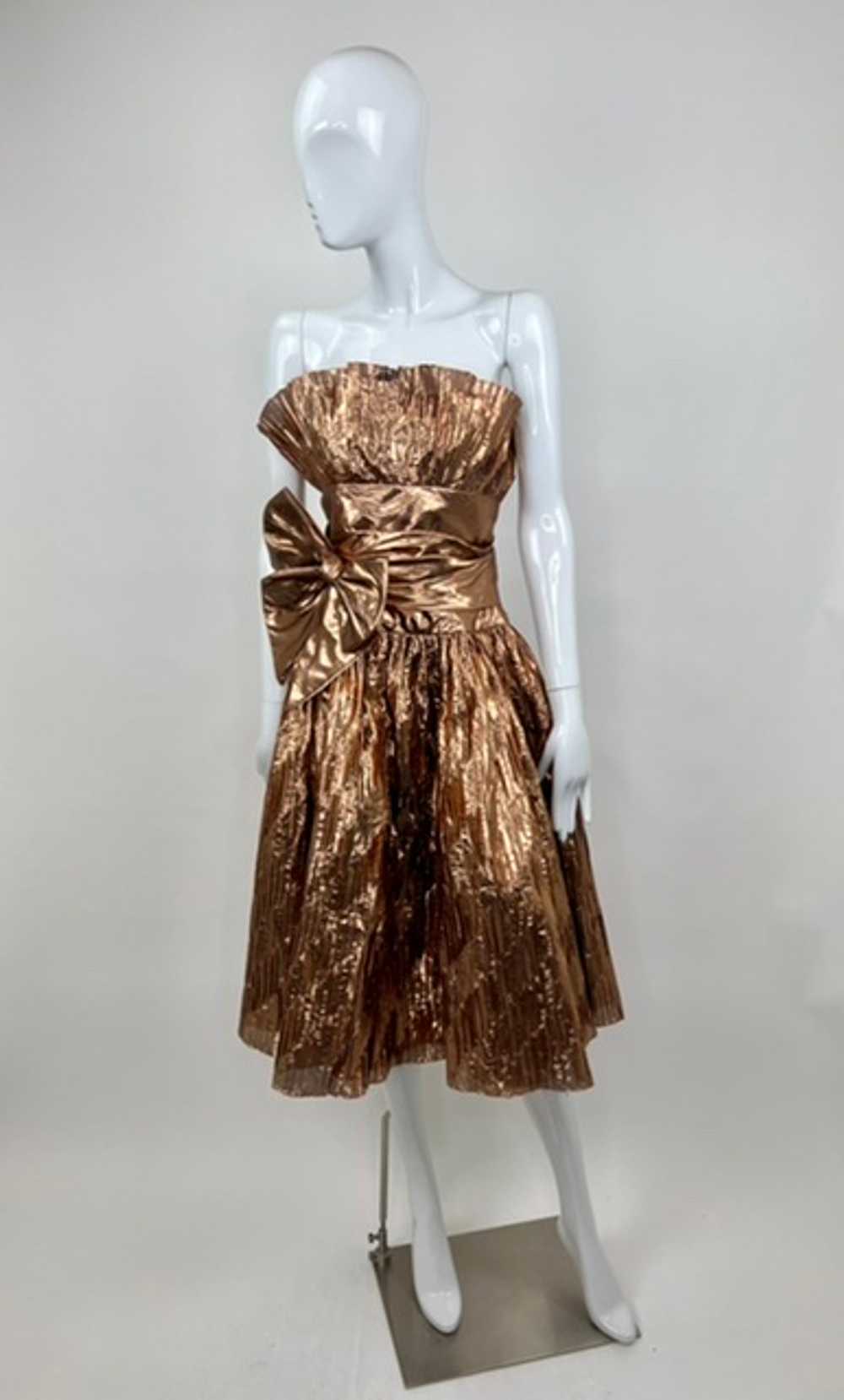 Rose Gold Lamé Pleated 80’s Bow Dress - image 1