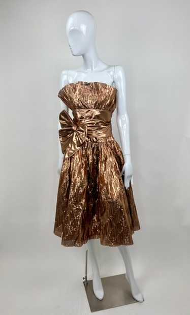 Rose Gold Lamé Pleated 80’s Bow Dress - image 1