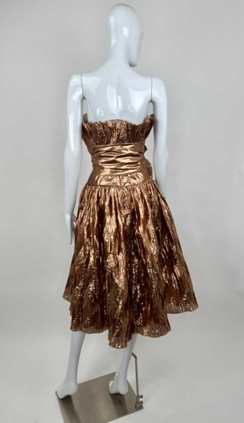 Rose Gold Lamé Pleated 80’s Bow Dress - image 2