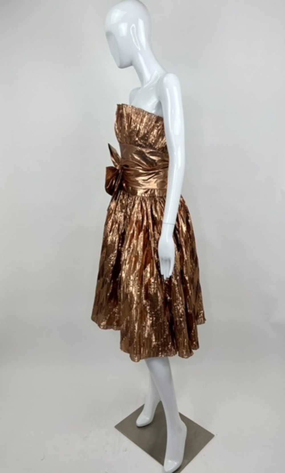 Rose Gold Lamé Pleated 80’s Bow Dress - image 4
