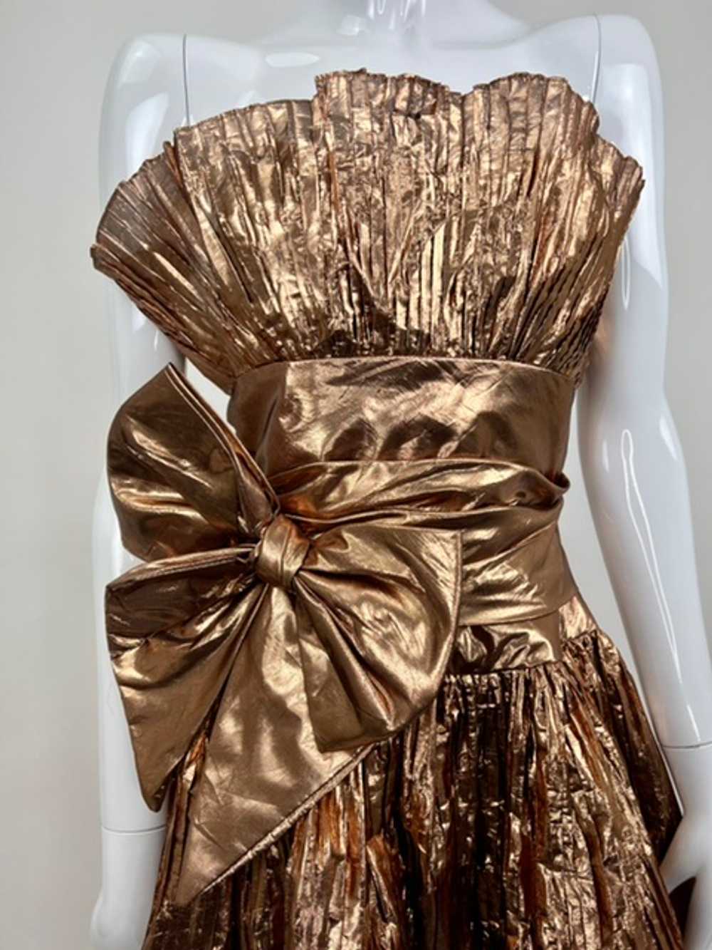 Rose Gold Lamé Pleated 80’s Bow Dress - image 5