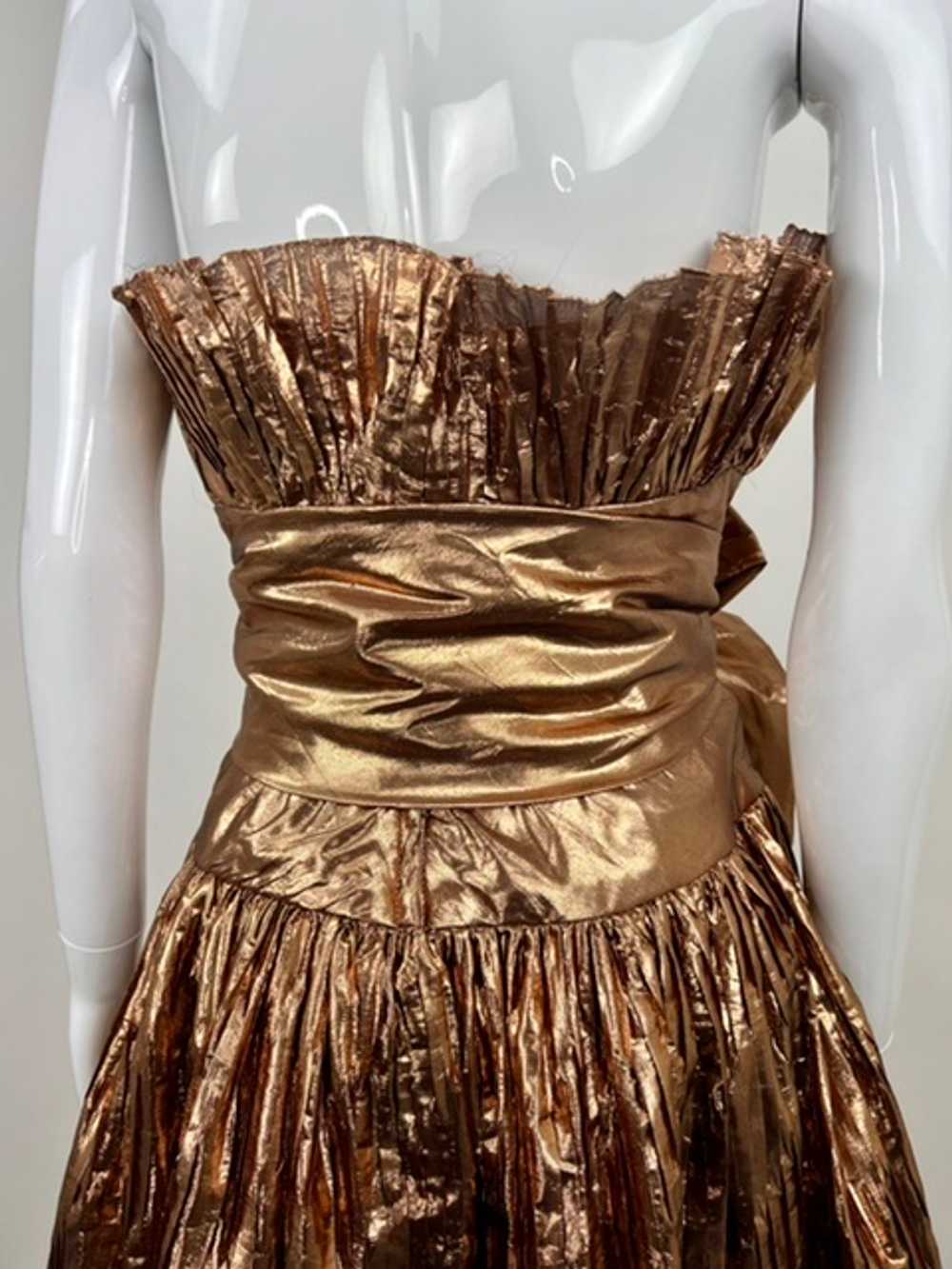 Rose Gold Lamé Pleated 80’s Bow Dress - image 6