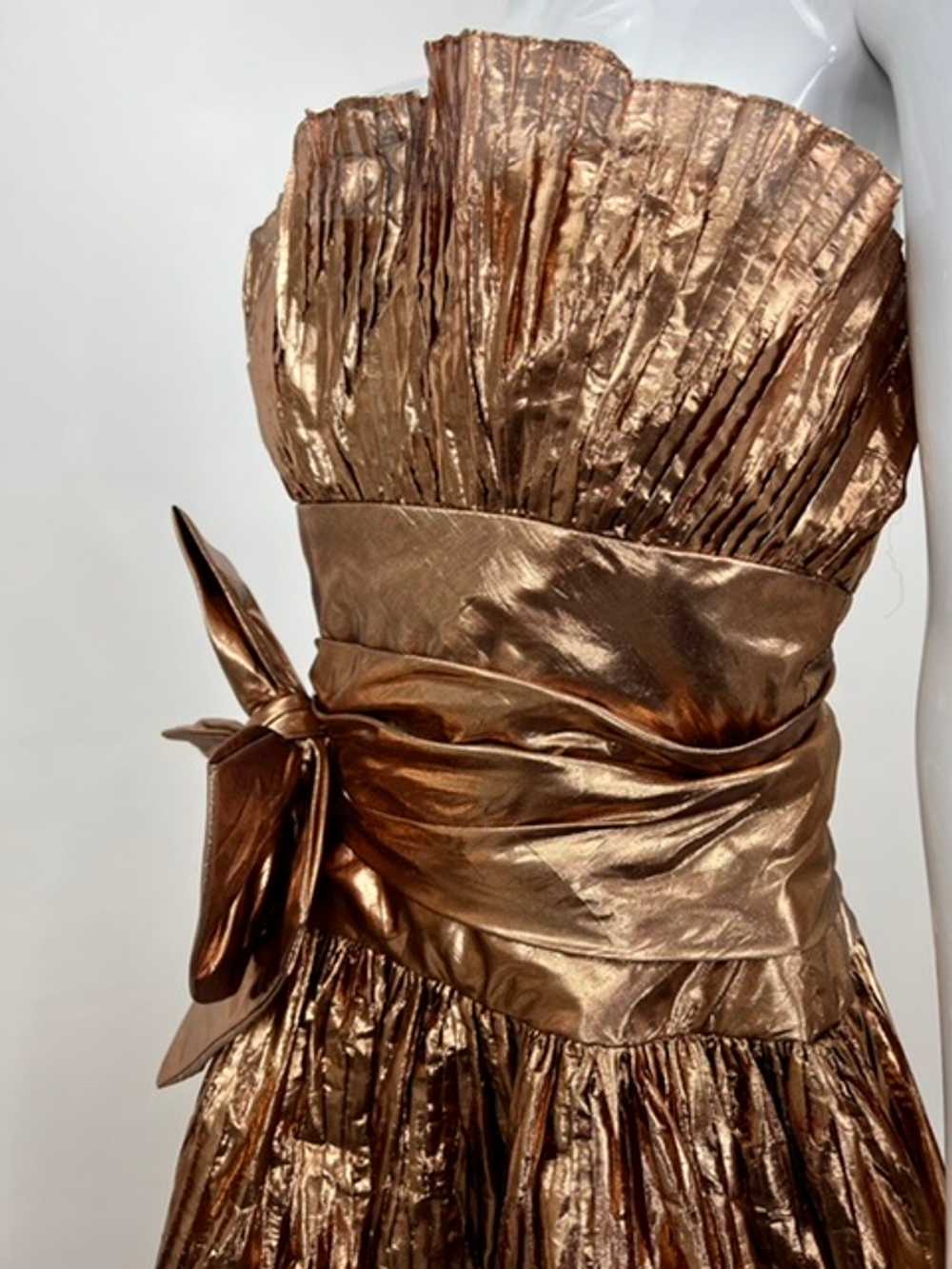 Rose Gold Lamé Pleated 80’s Bow Dress - image 7