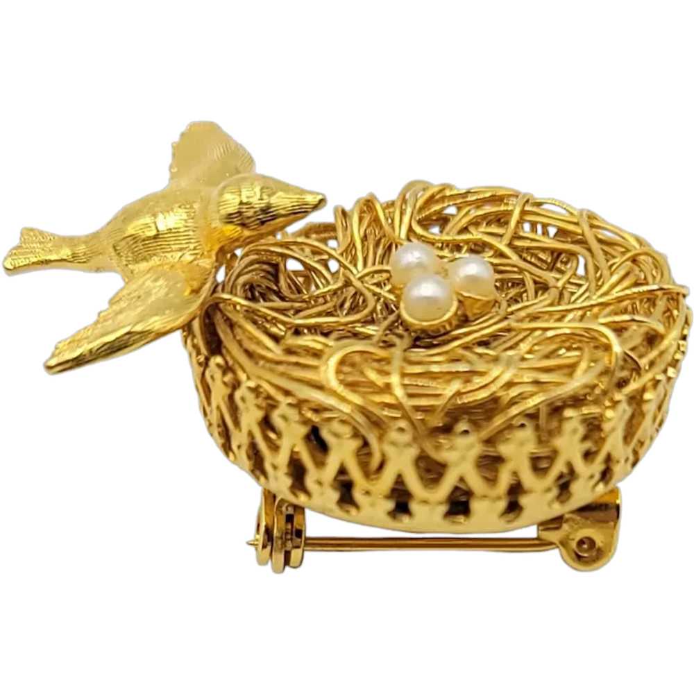 Jeanne Vintage Gold Tone Bird, Woven Wire Nest Fa… - image 1