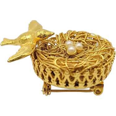 Jeanne Vintage Gold Tone Bird, Woven Wire Nest Fa… - image 1