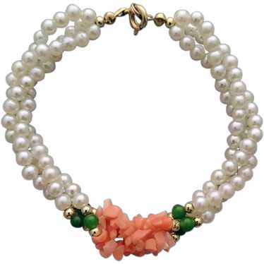 Coral, Jade and Faux Pearl Bracelet 1970s Lovely T
