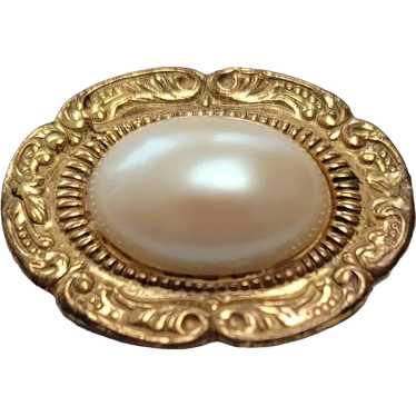 Miriam Haskell Gold Tone Faux Pearl Oval Repousse… - image 1